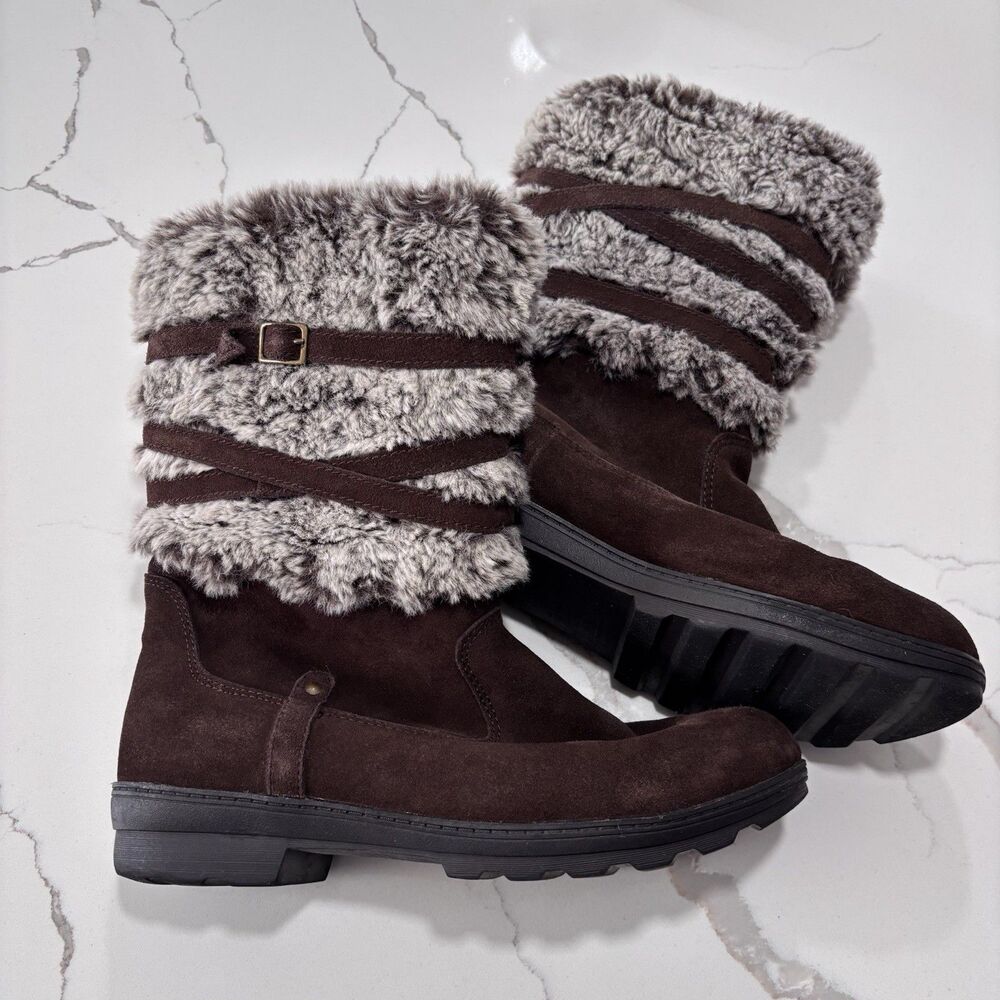 White Mountain Thunder Brown Suede Faux Fur Lined Boots Slip On Buckle Trim 9.5